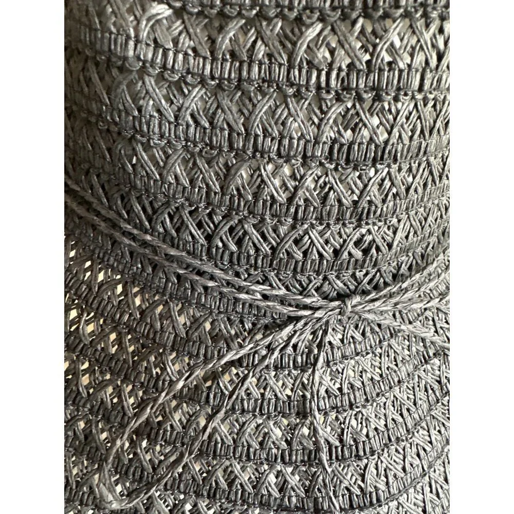 Shoe Shack Sun Hat‎ Black Woven Paper Straw Floppy Wide Brim String Tie OSFM